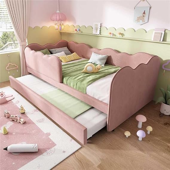 Upholstered Bed Daybed 90 x 190 cm, 3FT Single Bed with Pull out Trundle, Sofa Bed For Adults and Children, Single Daybed With Slatted Frame, Linen,