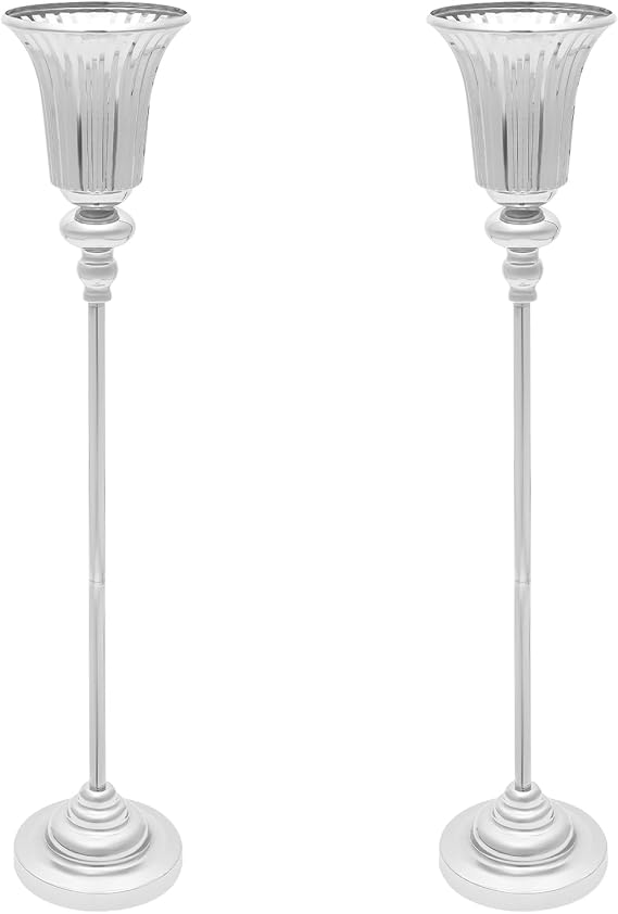 Silver Flower Stand Set, 2 Geometric Iron Vases, Floor & Table Centerpiece, Modern Electroplated Wedding Decor, for Events, Brides, Home, Easy Assembly