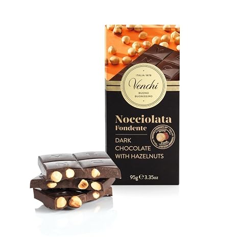 Venchi - 60% Dark Chocolate Bar with Hazelnuts 95 g with Whole Piedmont Hazelnut Gluten Free Vegan No Dyes and No Preservatives