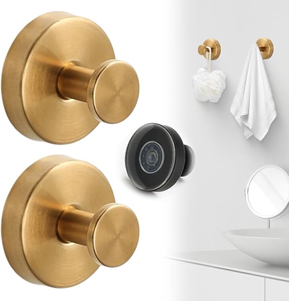 Suction Cup Hooks for Shower, 2024 Upgraded Stainless Steel Waterproof Suction Cup Hooks, Hold No-Drill Hooks, Reusable Towel Hooks for Bathrooms, Removable Towel Hooks (2, Gold)