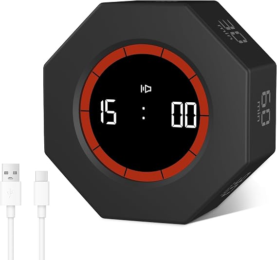 Cuteefun Rotating Cube Timer, Octagon Pomodoro Timer Desk, Black