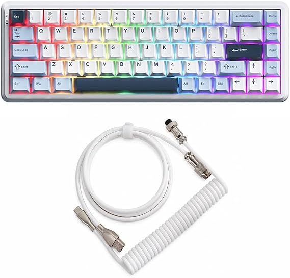 Coverzone Ajazz AK680 Max%68 Manyetik Switch Oyuncu Klavyesi, Coiled Kablo, 3000mAh, 8000Hz Kablolu-1000Hz Kablosuz Polling Rate, RGB Arkadan Aydınlatmalı Mekanik Klavye (Beyaz Lacivert)
