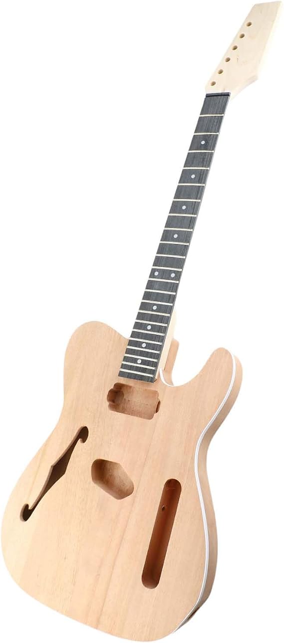 Telestyle Unfinished Electric Guitar DIY Kit Mahogany Body, F Soundhole Maple Wood Neck Rosewood Fingerboard