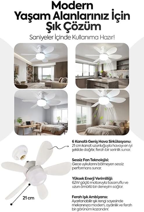 6 Kanatlı 3 Kademeli LED Aydınlatmalı Uzaktan Kumandalı Tavan Vantilatörü [Enerji Sınıfı A]