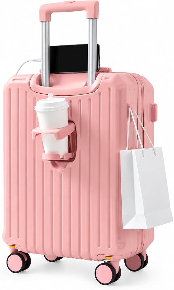 Cabin Suitcase with Cup Holder Rigid Hand Luggage with Mobile Holder, Double Lock and 360° Wheels, pink, Cabin Suitcase