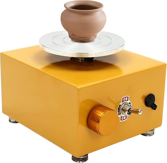 Mini Pottery Wheel Machine, Electric Ceramic Work Forming Machine, Clay Shaping Tools 2000RPM Electric Ceramic Machine 6.5-10cm Turntable Craft,with 2 Replaceable Turntable Trays, 13*15*8.5cm,Yellow