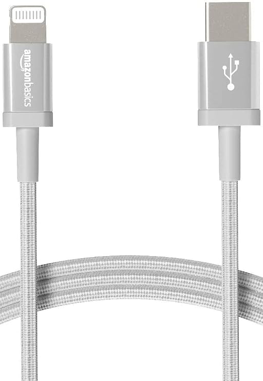 Amazon Basics Nylon Braided USB-C to Lightning Cable, MFi Certified Charger for iPhone 13/12/11/X/XS/XR/8, Type-C, PD Fast Charging, Silver 6FT
