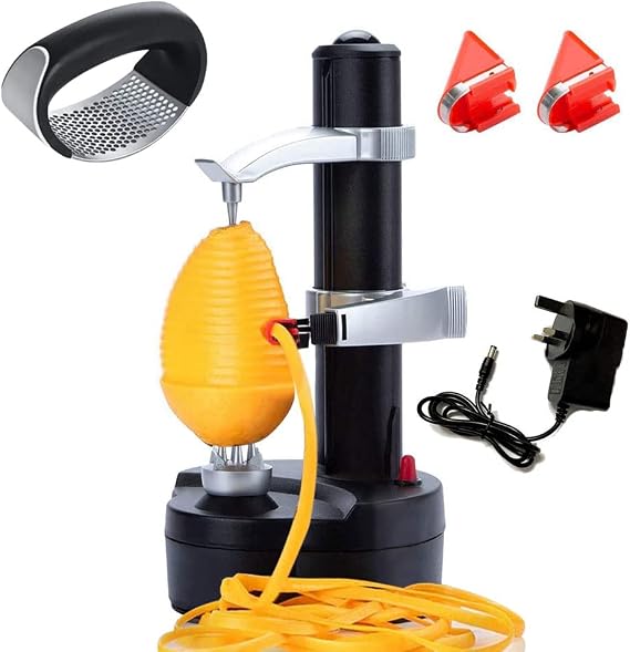 Automatic Potato Peeler Electric Peeler for Potatoes and Fruit [1 Adapter 2 Extra Blades] - Electric Apple Peeler Fruit Peeler Stainless Steel Kitchen Peeling Tool with Garlic Press Rocker
