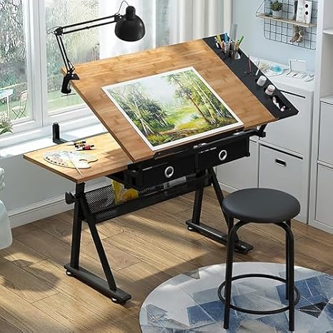 Drafting Tables Adjustable Drafting Table with Stool, Tiltable Draft Desk Drawing Table, Bamboo/Sood Tabletop Drawing Table, with Storage And Drawers