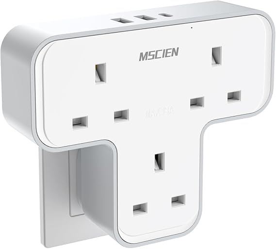 Plug Extension Socket,Mscien Plug Adapter 3 Way with 3 USB(1 Type-C), Multi Plug Adaptor Wall Socket Plug Extender UK 13A Power Extension Plug For Home Dorm Kitchen Office