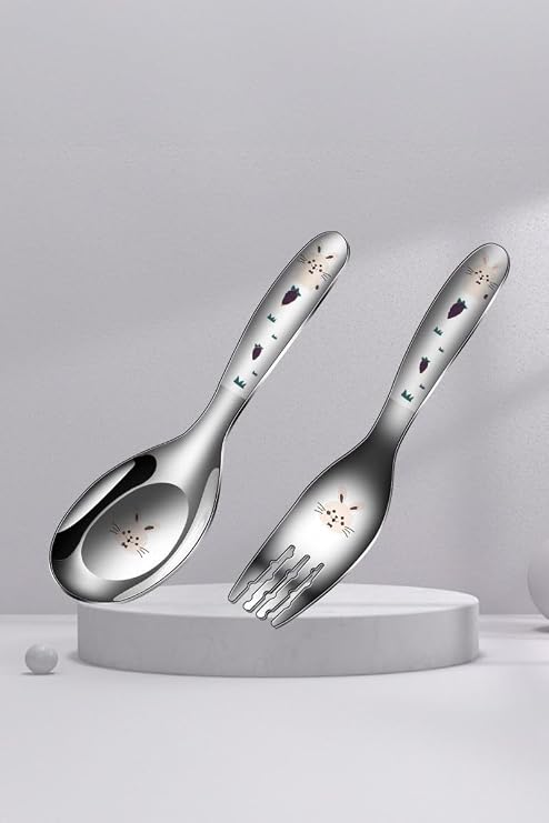 Komple 316 Çelik Tavşan Baskılı Bebek Çocuk Kaşık ve Çatal Set cin616
