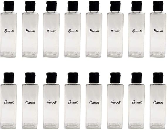 HARRODS 100ml-空の透明正方形プラスチックボトル、ブラックキャップフリップトップキャップ、消毒剤、液体、旅行用16個