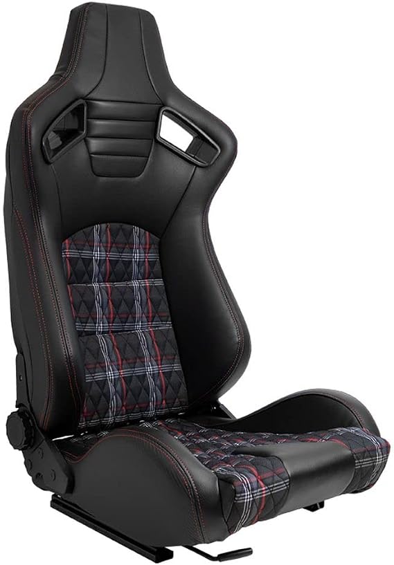 AutoStyle Sport seat 'GT' - Black Synthetic leather + Fabric in Red checkered pattern + Red stitching - Dual-side reclinable back-rest - incl. slides
