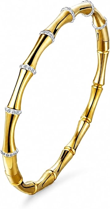Kadın Gold Çelik Zirkon Taşlı Bambu Tasarım Kelepçe Bileklik Bilezik Çap 6 cm