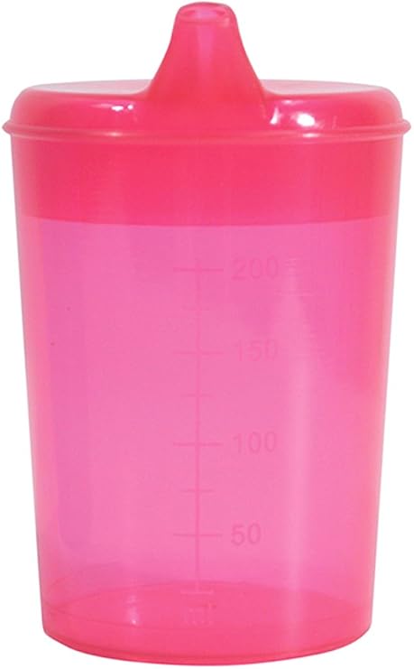 Drinking/Feeding Cup with 2 Spouts and graduated measurements on Side. Narrow Spout for drinking Liquids, Wider Spout for more Solid or Blended Food. Easy to hold and use. Reduces risk of Spillage.