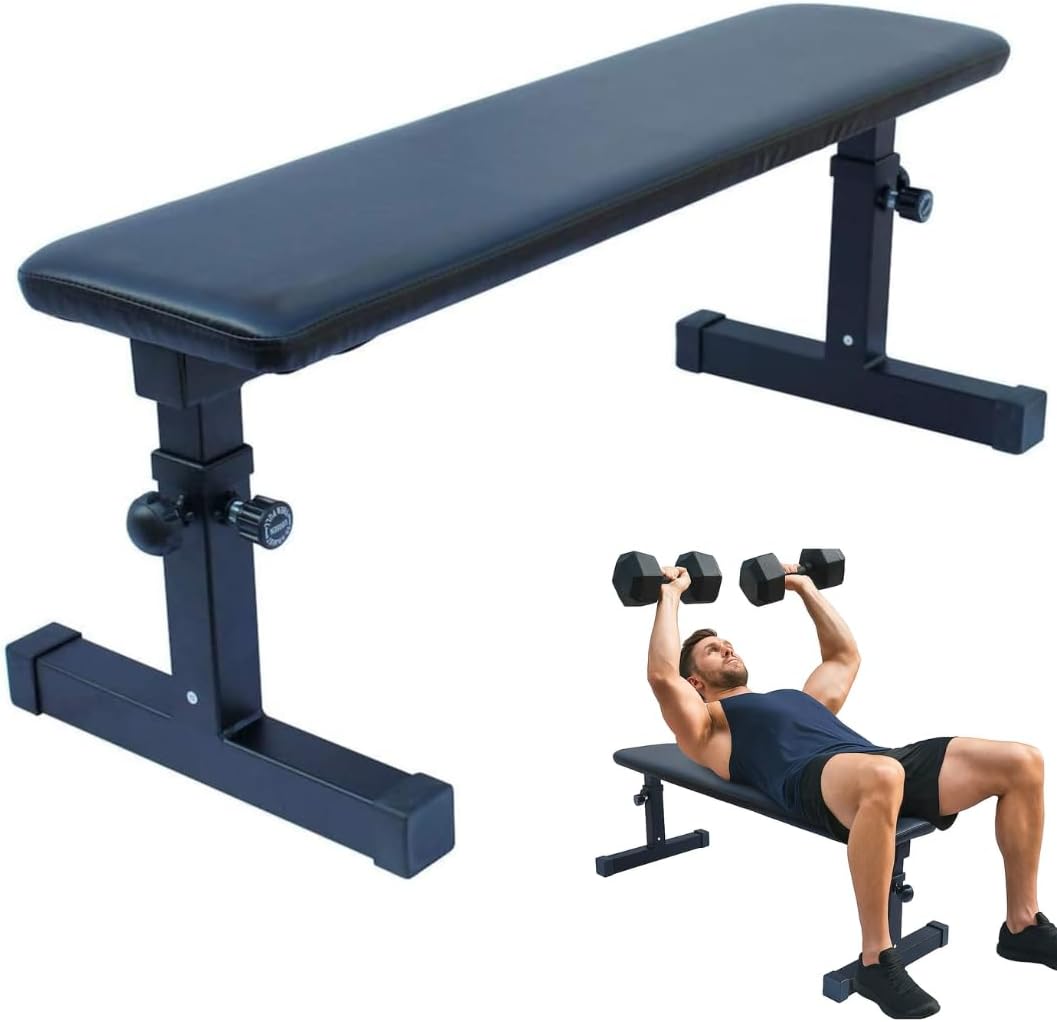 Trendi Flat Weight Bench, Utility Workout Adjustable Height Weight Bench Press with Thick Cushion & Anti-slip Foot Pads, Compact Strength Training for Exercise & Fitness, HomeGym Easy Assembly