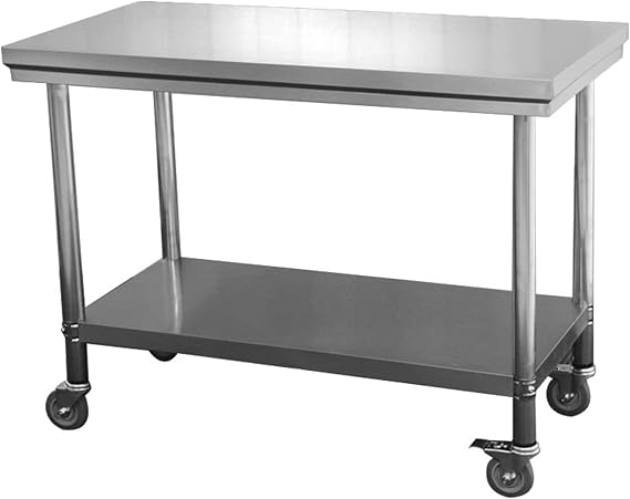 Double Deck Work Table with Wheels Kitchen Prep Table with Adjustable Legs Open Storage Shelves Stainless Steel Metal Table with Solid Structure for a Wide Range of Applications