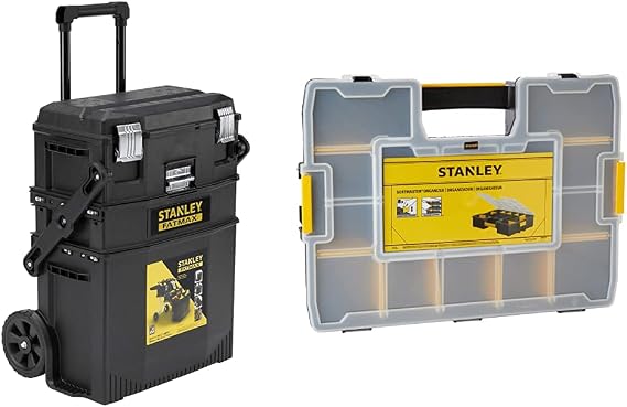 Stanley FATMAX Cantilever Rolling Toolbox Trolley, 4 Level Workstation with Portable Tote Tray for Tools and Small Parts, 1-94-210 & 1-94-745 Sort Master Seal Tight Professional Organiser