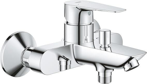 GROHE Start Edge - Wall Mounted Exposed Bath Mixer Tap (Metal Lever, 35 mm Ceramic Cartridge, Water Saving Adjustable Flow Rate Limiter, Eco-Override-Stop, Scalding Protection), Chrome, 24198001