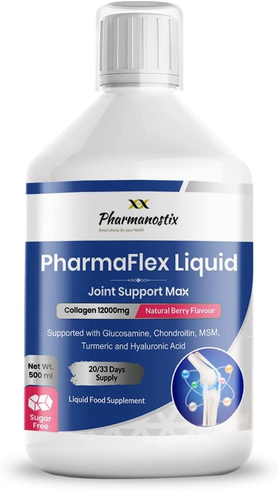 PharmaFlex Liquid Joint Support Max 500 mL - Type 1, 2 & 3 Collagen 12000 mg - with Glucosmaine, Chondroitin, MSM, Turmeric and Hyaluronic Vitmain C - Natural Berry Flavour - High Absorption Rate