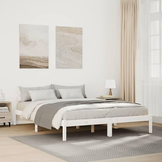 Extra Long White Double Bed Frame 140x210 cm Solid Pine Wood Sturdy Slatted Base Modern Minimalist Design for Master Bedroom Teen Room Loft