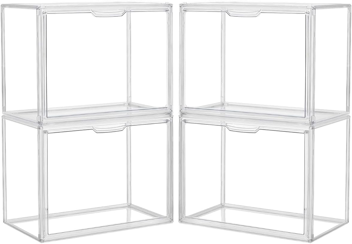 4 Pack Clear Plastic Handbag Storage Organizer for Closet. Display Storage Box with Magnetic Door, Dustproof Storage Bins for Book, Toys, Hat.（Clear-4 Pack）