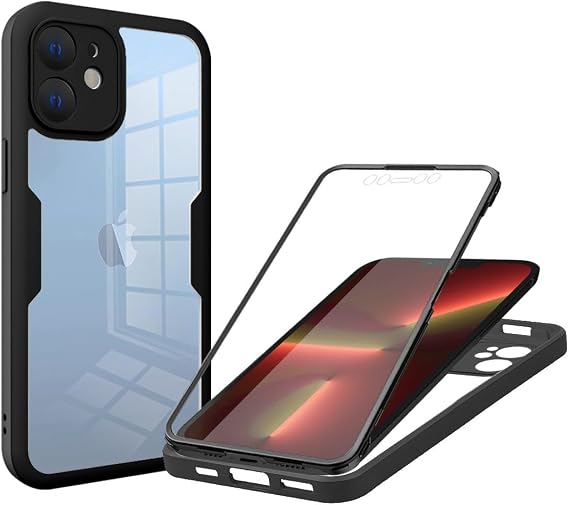 for iPhone 11 Case Built-in Screen Protector, 360°Full Body Military Grade Drop Protection Transparent Silicone Rugged Bumper Cover Clear Phone Case for iPhone 11, Black