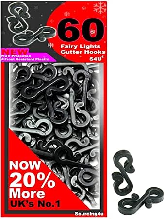 S4U Gutter Hooks for Outdoor Lights 60pcs Plastic S Gutter Clips for Hanging Outside Christmas Lights, String Lights, Icicle Fairy Lights - Black