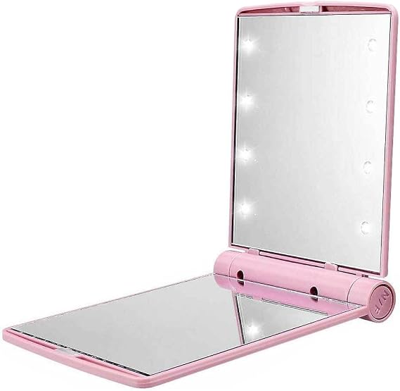 TechTic Katlanır Mini Işıklı Makyaj Aynası Cep Çanta Aynası 8 LED Pilli(23A 12V Pil Dahildir)