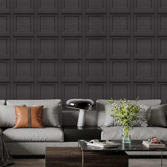 Tarwanear Black Embossed Tartan Wallpaper 3D Effect Retro Wooden Panelling Wallpaper Roll Feature Wall Home Faux Wood Panel Wainscot Board Paneling Wallpapers for Living Room Bedroom Office