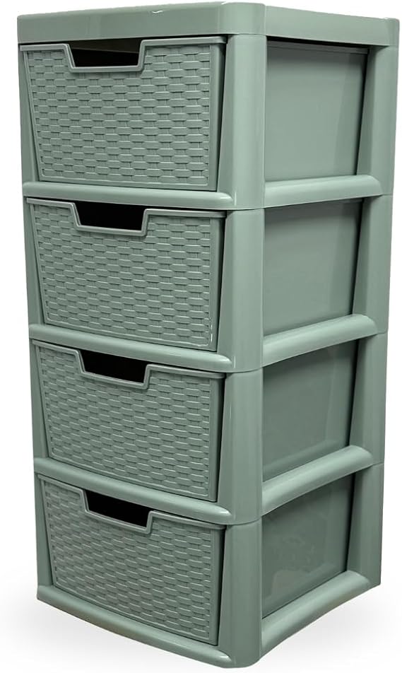 Large Plastic Rattan Style Storage Drawer - Durable & Stylish Cabinet with Smooth Pull Drawers - Multipurpose Organizer for Clothes Toys, Kitchen, Home & Office Use (Sage Green, 4 Tier)