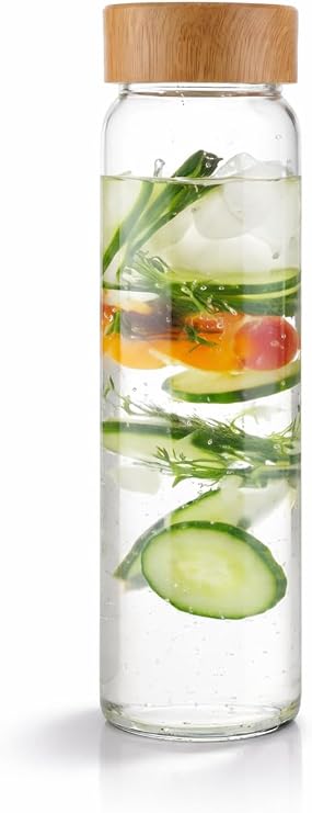 Borosilicate Glass Drinking Bottle, 1L Capacity with leak resistant Bamboo Lid, elegant, transparent, for Water, Beverages and Infused Drinks Storage.