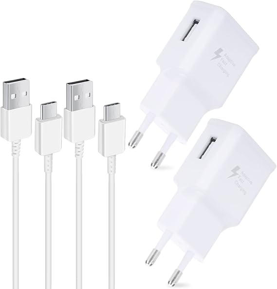 USB Charger Plug 2-Pack for Samsung Galaxy S9 S10 S20 S21 FE A04S A13 A14 A15 A25 A34 A53 A54 A71 and Other Smartphones Fast Charger Power Supply Adapter with Charging Cable (White)