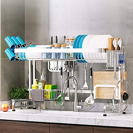 Dish Drain Rack With Hanging Basket Cutlery Dish Drain Rack，Dish Drying Rack Over The Sink Dish Drying Rack, 304 Stainless Steel Kitchen Drainer Shelf for Countertop Supplies Storage Orgain
