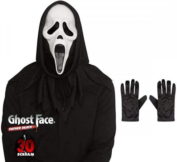 Ghost Face Scream Mask with Hood & Black Gloves Halloween Set