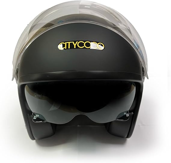 Citycoco Motosiklet Yarım Kask , Mat Siyah, Çift Vizörlü, Vintage Stil, Terletme Yapmaz Pedler -XL Beden