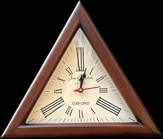 Brown Wooden Triangle Shape Wall Clock, Vintage Nautical Style Roman Number Silent Wall Clock, Mid Century Modern Operated Mantel Wall Hanging Clock for Living Room, Kitchen, Bedroom (12 Inch)