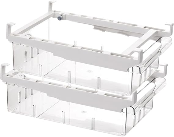 Fridge Organizer,Fridge Drawer Storage Bins with Adjustable Slide Rail,Unique Freezer Shelf Holder Container Box with 2 Partition Plates (2 PACK)