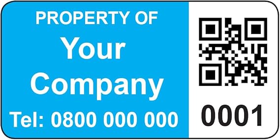 250 Personalised QR Code Asset Tag Labels Custom Stickers- Light Blue 40mm x 20mm Permanent Vinyl Labels - Simple to Customize