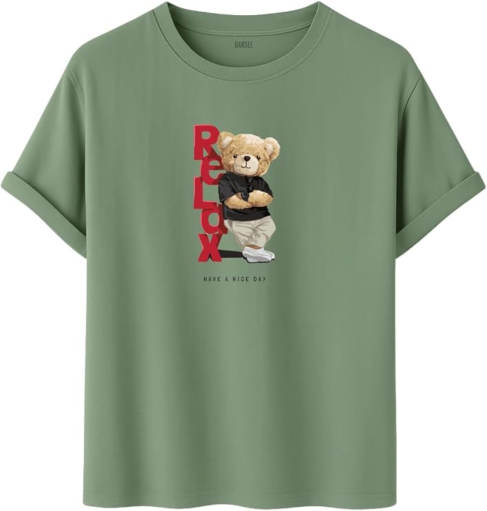 Unisex Oversize Relax Bear Grafik Baskılı Pamuklu Tişört, Streetwear Tarzı, Premium Baskı