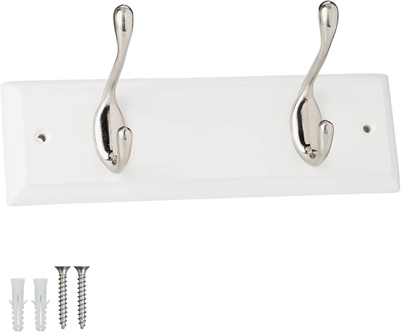 Keypak White Wooden Wall Mounted Coat Rack with 2 Satin Nickel Coat Hooks