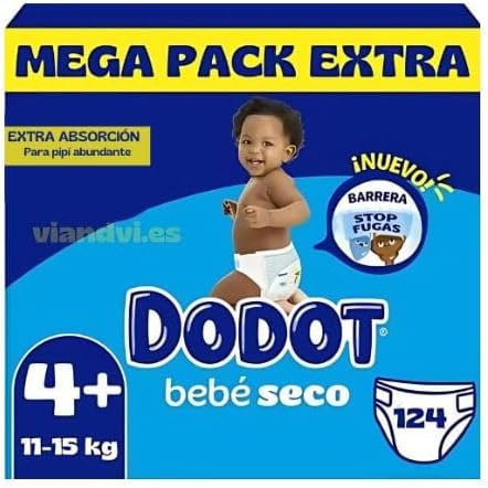 Dodot Baby Dry Extra Absorption Size 4+ (10-15 kg) Pack of 124 Nappies | Night Protection | Up to 12h Dry | Anti-Leak Barriers | Comfortable Fit for Baby