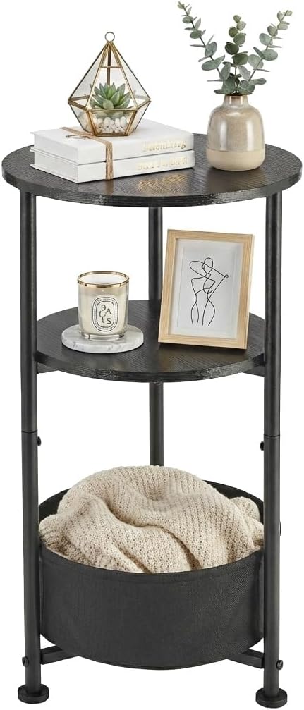 Small Round Side Table with Storage Basket, 3-Tier Narrow End Table Nightstand for Living Room Bedroom, 11.8" Diameter Modern Bedside Table for Small Spaces, Wood Grain & Metal Frame (Black)