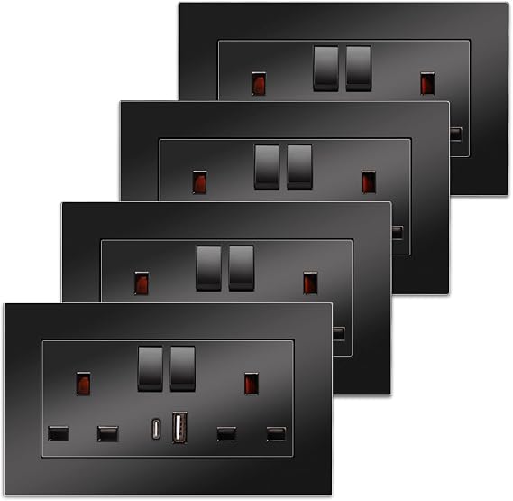 4 Pack CNBINGO Double Switched Power Socket with USB Charging Ports, Black