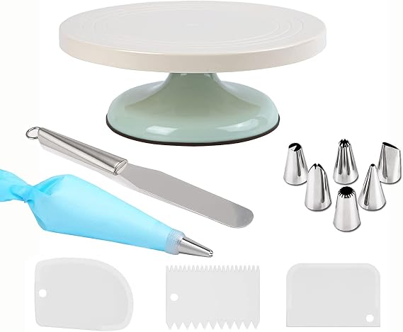 Cake Turntable Decorating Kit, Enhanced Rotating Cake Stand with 3 Icing Scraper, Piping Bag and Tips Set, Stainless Steel Icing Spatula for for Baking, Pastry Icing Patterns Light Green