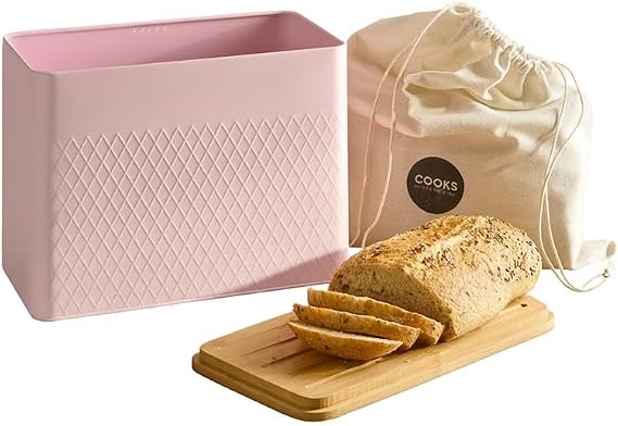 Cooks Professional Bread Bin with Linen Bag & Bamboo Cutting Board Lid | Modern & Stylish Diamond Pattern | Breathable Rectangular Countertop Food Storage Canister for Loaves, Rolls, Pastries | Pink