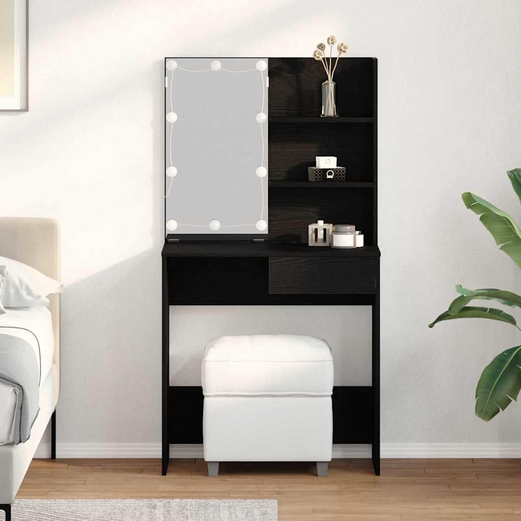 Modern Dressing Table, Black Oak Engineered Wood Vanity Desk, 74.5 x 40 x 141 cm Makeup Vanity with LED Lights, Plane Mirror, Ample Storage for Bedroom