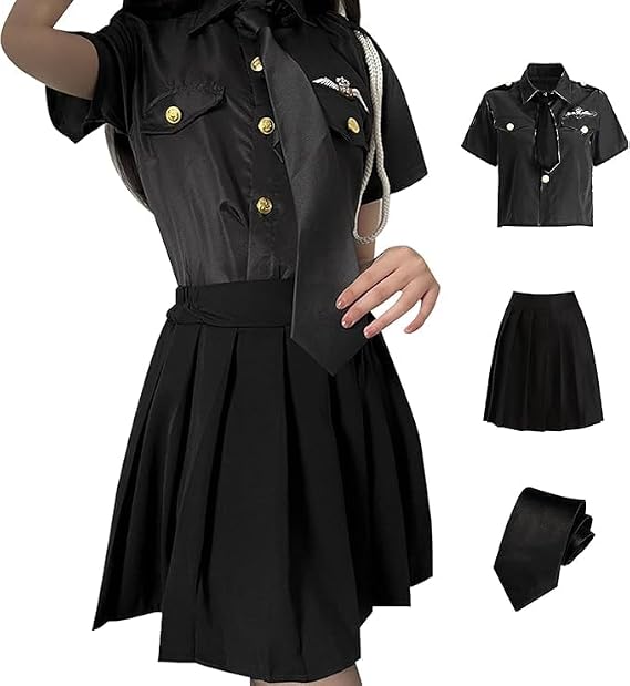 DAYDREAM Sexy Police Cosplay, 3-Piece Set, Top, Pleated Skirt, Necktie, Costume, Adult, Party, Costume, Miniskirt, Police, Women's Police Officer, Uniform, Mini Skirt, Cute, Halloween, Women's, Black