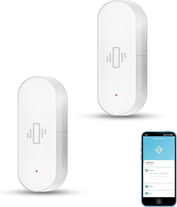Intelligent Vibration Sensor: Wireless Glass Break Detector, WiFi Door Sensor with App Alarms, Adjustable Sensitivity, Security Sensor for Alarm System and Automation(2-Pack)