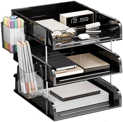Stackable Paper Trays,Heightened with Support Bars for Easy Access.,A4 Letter Tray Organizer,Office Desktop Organizer (3) (Black, 3-Tier)